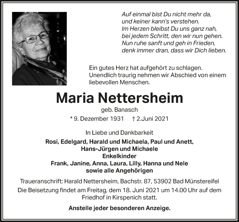  Traueranzeige für Maria Nettersheim vom 12.06.2021 aus  Blickpunkt Euskirchen 