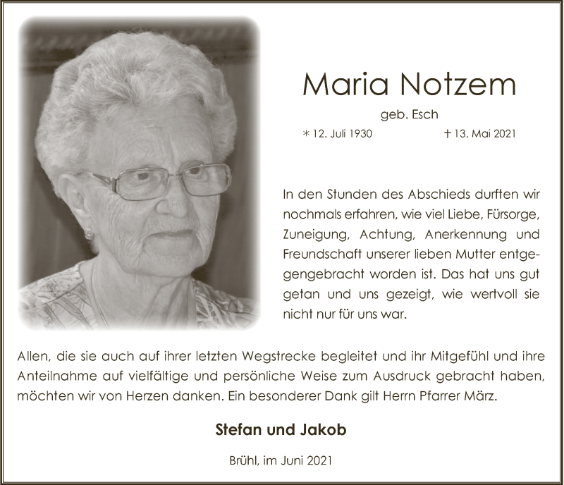  Traueranzeige für Maria Notzem vom 18.06.2021 aus  Schlossbote/Werbekurier 