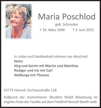 Anzeige von Maria Poschlod von Kölner Stadt-Anzeiger / Kölnische Rundschau / Express
