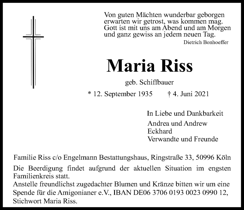  Traueranzeige für Maria Riss vom 12.06.2021 aus Kölner Stadt-Anzeiger / Kölnische Rundschau / Express