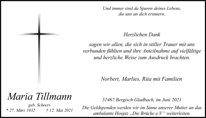  Traueranzeige für Maria Tillmann vom 18.06.2021 aus  Bergisches Handelsblatt 