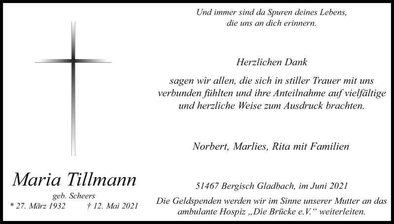  Traueranzeige für Maria Tillmann vom 19.06.2021 aus Kölner Stadt-Anzeiger / Kölnische Rundschau / Express