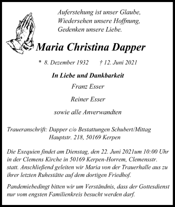 Anzeige von Maria Christina Dapper von Kölner Stadt-Anzeiger / Kölnische Rundschau / Express