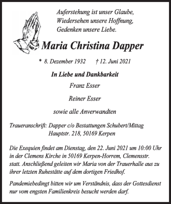 Anzeige von Maria Christina Dapper von  Werbepost 