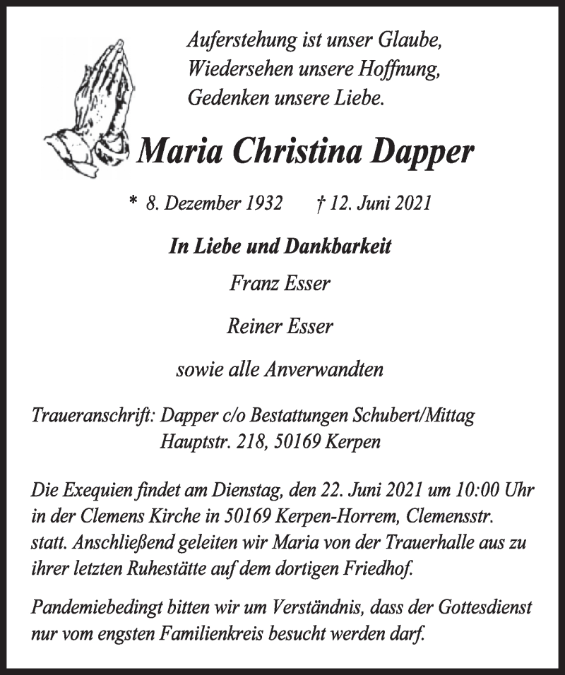  Traueranzeige für Maria Christina Dapper vom 18.06.2021 aus  Werbepost 