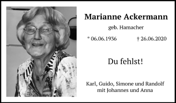 Anzeige von Marianne Ackermann von Kölner Stadt-Anzeiger / Kölnische Rundschau / Express