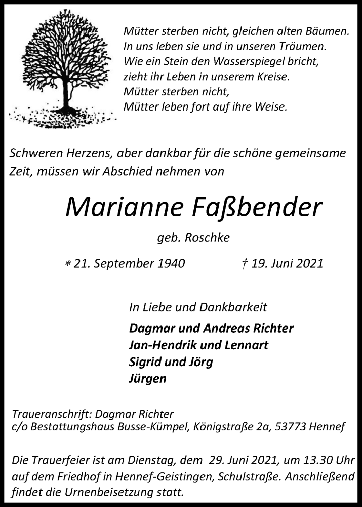  Traueranzeige für Marianne Faßbender vom 26.06.2021 aus Kölner Stadt-Anzeiger / Kölnische Rundschau / Express