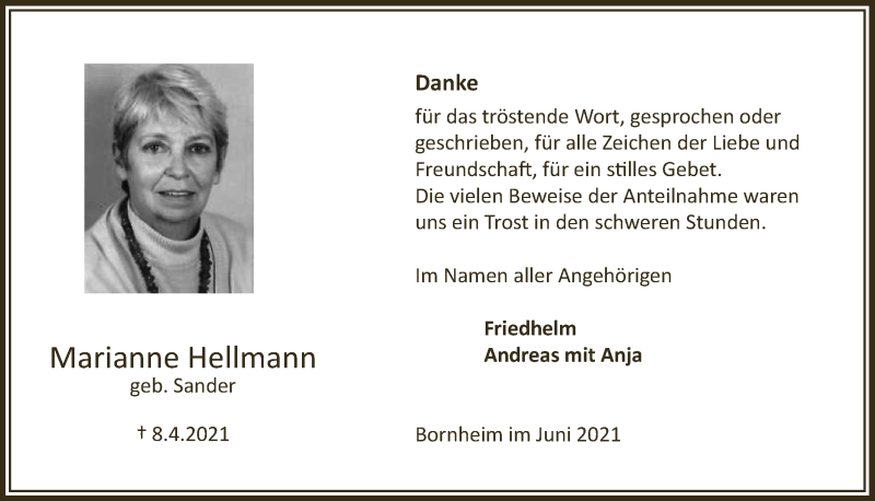  Traueranzeige für Marianne Hellmann vom 25.06.2021 aus  Schaufenster/Blickpunkt 