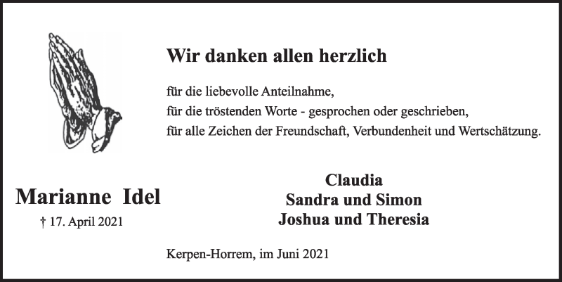  Traueranzeige für Marianne Idel vom 04.06.2021 aus  Wochenende  Werbepost 