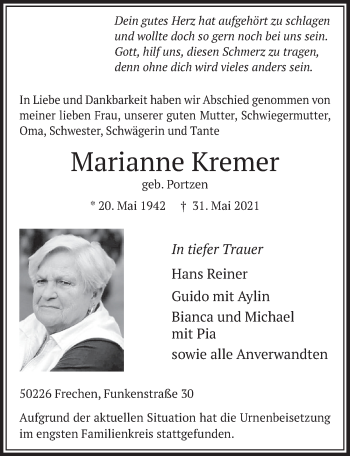 Anzeige von Marianne Kremer von  Wochenende 