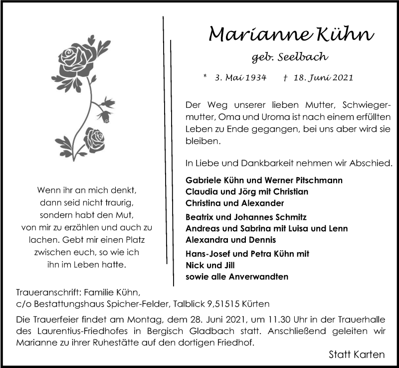  Traueranzeige für Marianne Kühn vom 23.06.2021 aus Kölner Stadt-Anzeiger / Kölnische Rundschau / Express