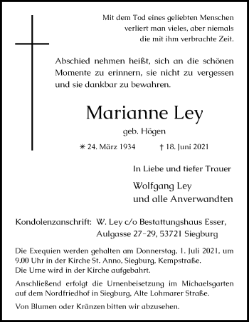 Anzeige von Marianne Ley von Kölner Stadt-Anzeiger / Kölnische Rundschau / Express
