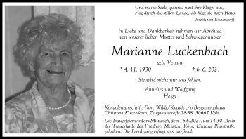 Anzeige von Marianne Luckenbach von Kölner Stadt-Anzeiger / Kölnische Rundschau / Express