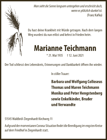 Anzeige von Marianne Teichmann von  Lokalanzeiger 
