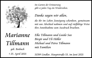Anzeige von Marianne Tillmann von Kölner Stadt-Anzeiger / Kölnische Rundschau / Express