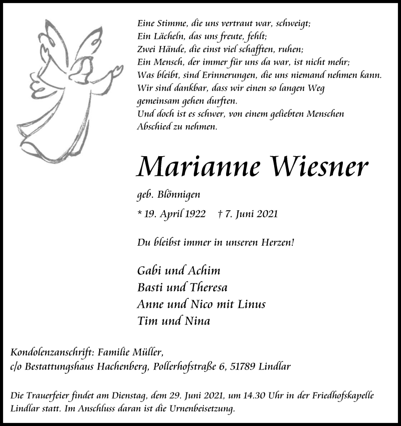  Traueranzeige für Marianne Wiesner vom 19.06.2021 aus Kölner Stadt-Anzeiger / Kölnische Rundschau / Express
