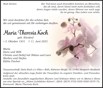 Anzeige von Maria Theresia Koch von Kölner Stadt-Anzeiger / Kölnische Rundschau / Express