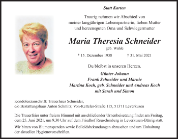 Anzeige von Maria Theresia Schneider von Kölner Stadt-Anzeiger / Kölnische Rundschau / Express