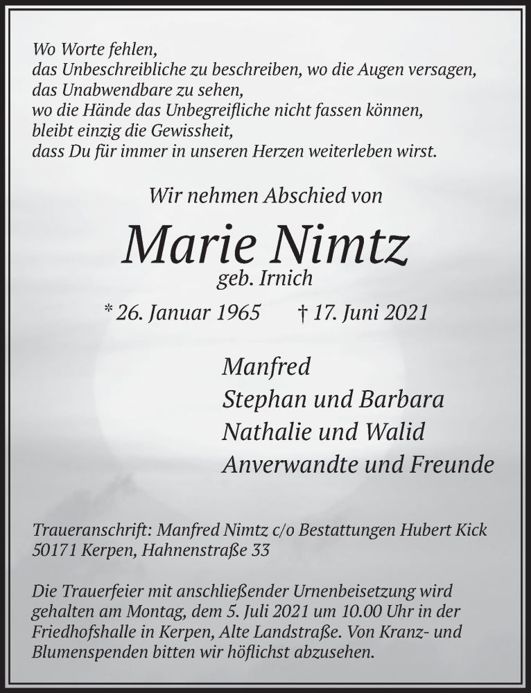  Traueranzeige für Marie Nimtz vom 25.06.2021 aus  Werbepost 