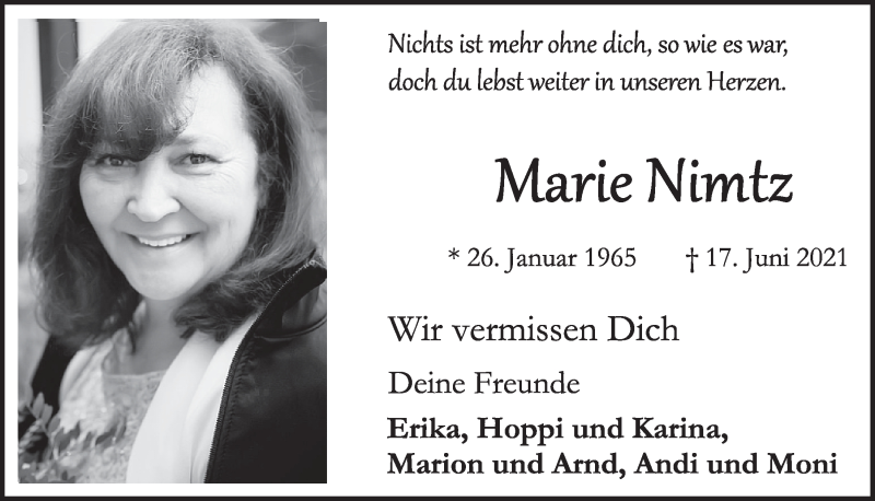  Traueranzeige für Marie Nimtz vom 25.06.2021 aus  Werbepost 