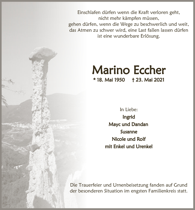  Traueranzeige für Marino Eccher vom 11.06.2021 aus  Anzeigen Echo 