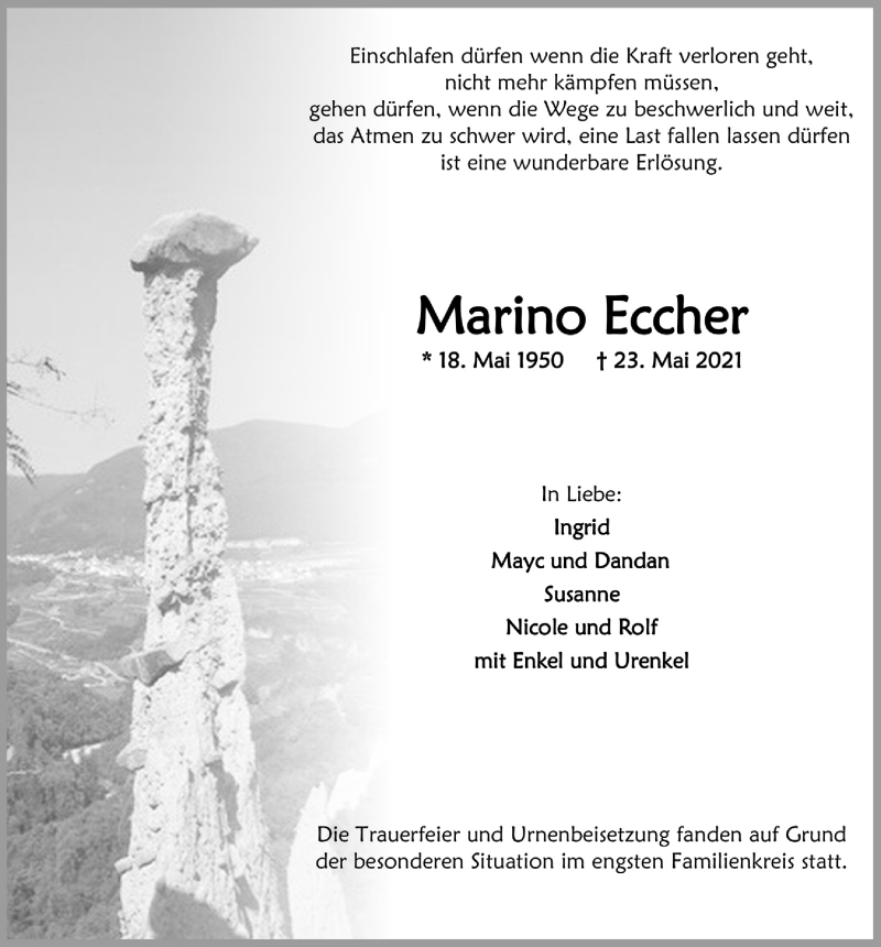  Traueranzeige für Marino Eccher vom 18.06.2021 aus  Anzeigen Echo 