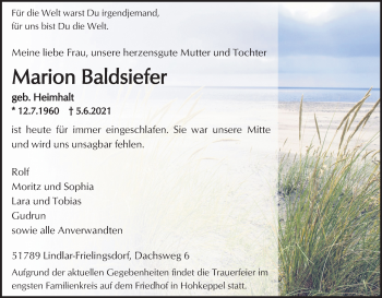 Anzeige von Marion Baldsiefer von Kölner Stadt-Anzeiger / Kölnische Rundschau / Express