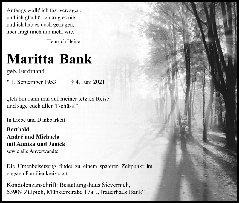  Traueranzeige für Maritta Bank vom 12.06.2021 aus Kölner Stadt-Anzeiger / Kölnische Rundschau / Express
