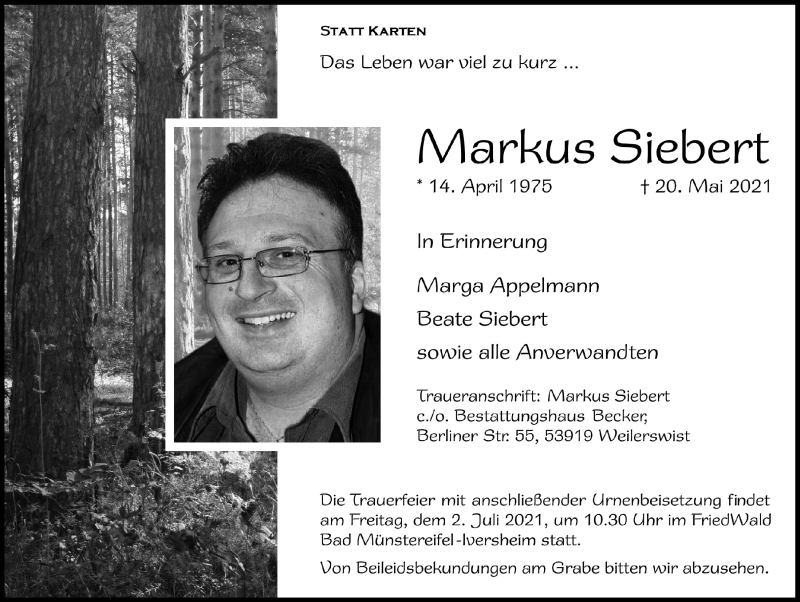  Traueranzeige für Markus Siebert vom 19.06.2021 aus  Blickpunkt Euskirchen 