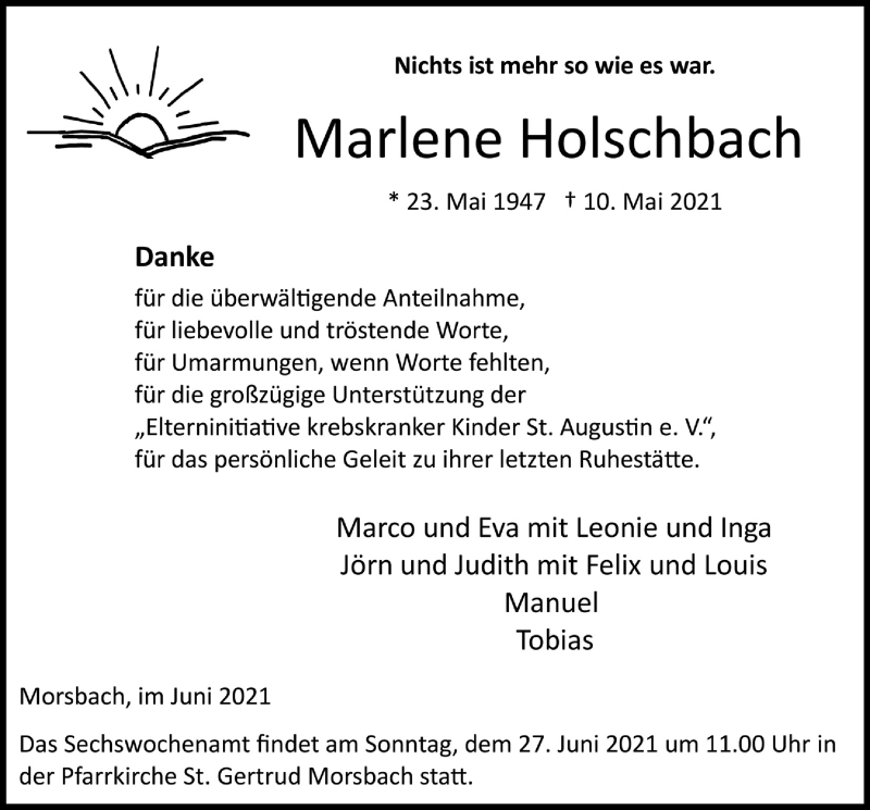  Traueranzeige für Marlene Holschbach vom 18.06.2021 aus  Lokalanzeiger 