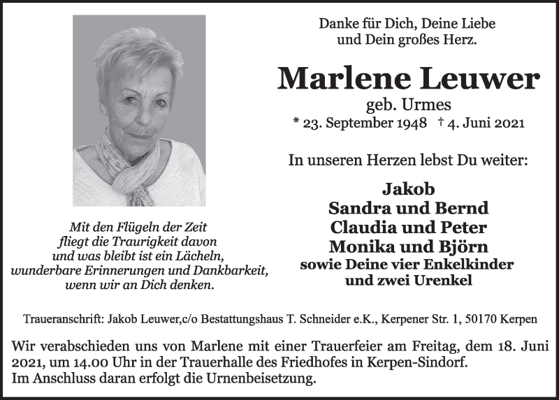  Traueranzeige für Marlene Leuwer vom 11.06.2021 aus  Werbepost 