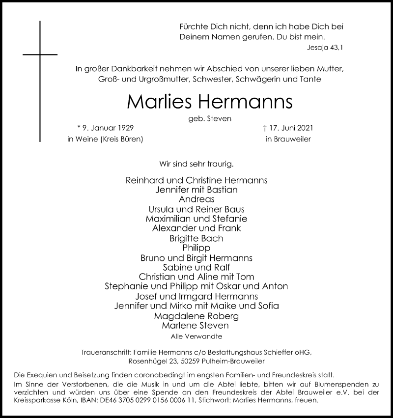  Traueranzeige für Marlies Hermanns vom 26.06.2021 aus Kölner Stadt-Anzeiger / Kölnische Rundschau / Express