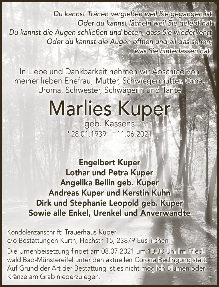  Traueranzeige für Marlies Kuper vom 25.06.2021 aus  Schlossbote/Werbekurier 