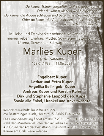 Anzeige von Marlies Kuper von  Schlossbote/Werbekurier 
