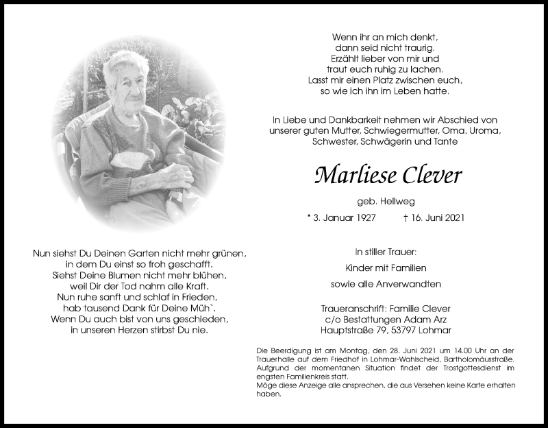  Traueranzeige für Marliese Clever vom 23.06.2021 aus Kölner Stadt-Anzeiger / Kölnische Rundschau / Express