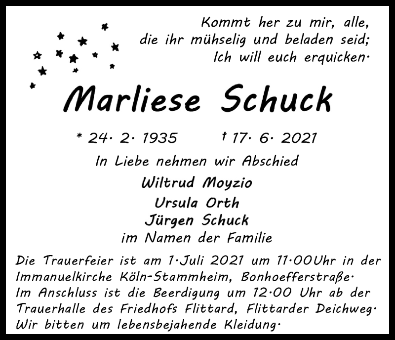  Traueranzeige für Marliese Schuck vom 26.06.2021 aus Kölner Stadt-Anzeiger / Kölnische Rundschau / Express