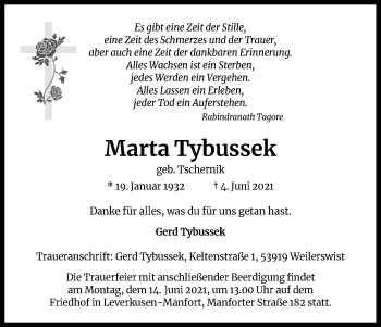 Anzeige von Marta Tybussek von Kölner Stadt-Anzeiger / Kölnische Rundschau / Express