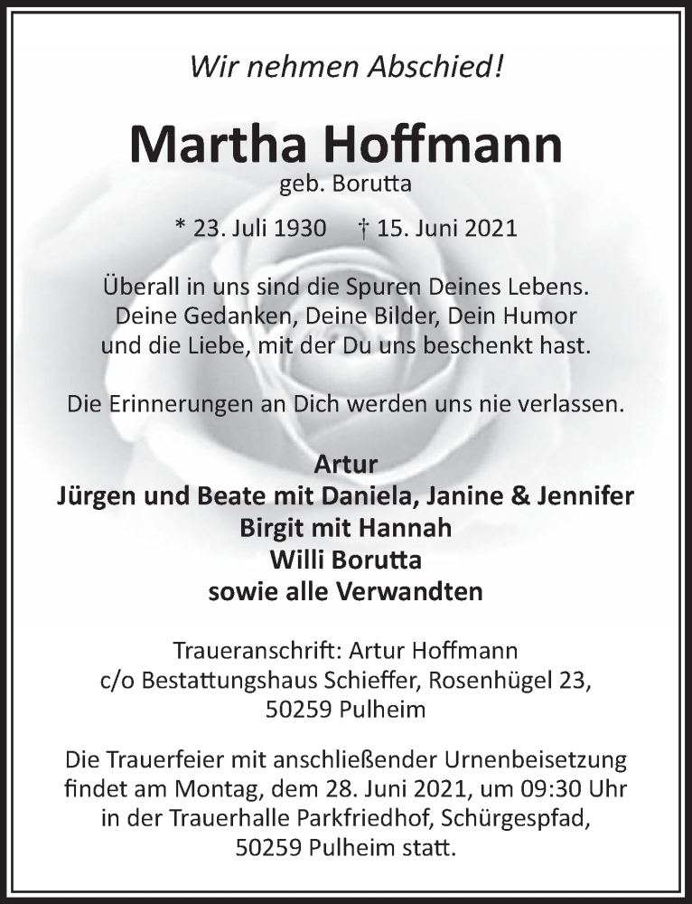  Traueranzeige für Martha Hoffmann vom 25.06.2021 aus  Wochenende 