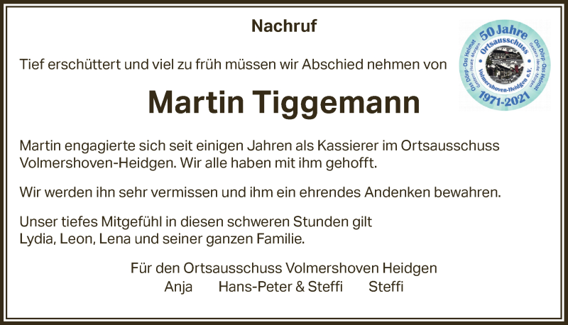  Traueranzeige für Martin Tiggemann vom 04.06.2021 aus  Schaufenster/Blickpunkt 