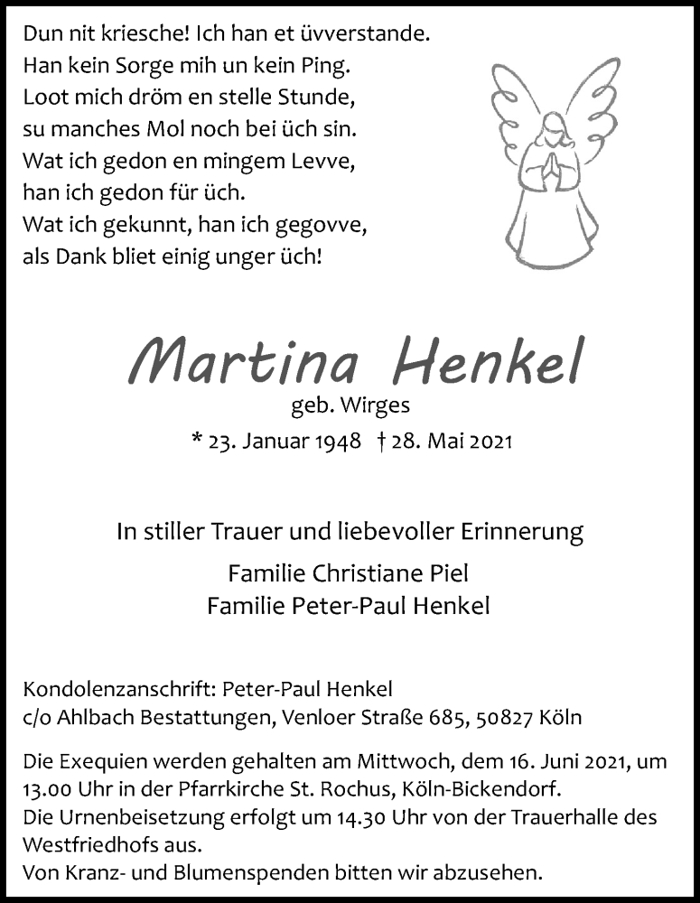  Traueranzeige für Martina Henkel vom 05.06.2021 aus Kölner Stadt-Anzeiger / Kölnische Rundschau / Express