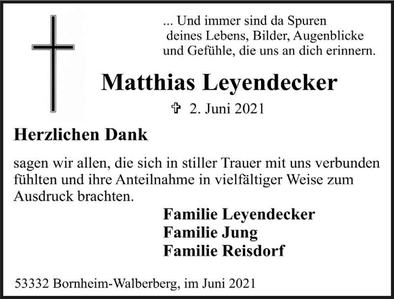  Traueranzeige für Matthias Leyendecker vom 25.06.2021 aus  Schlossbote/Werbekurier 