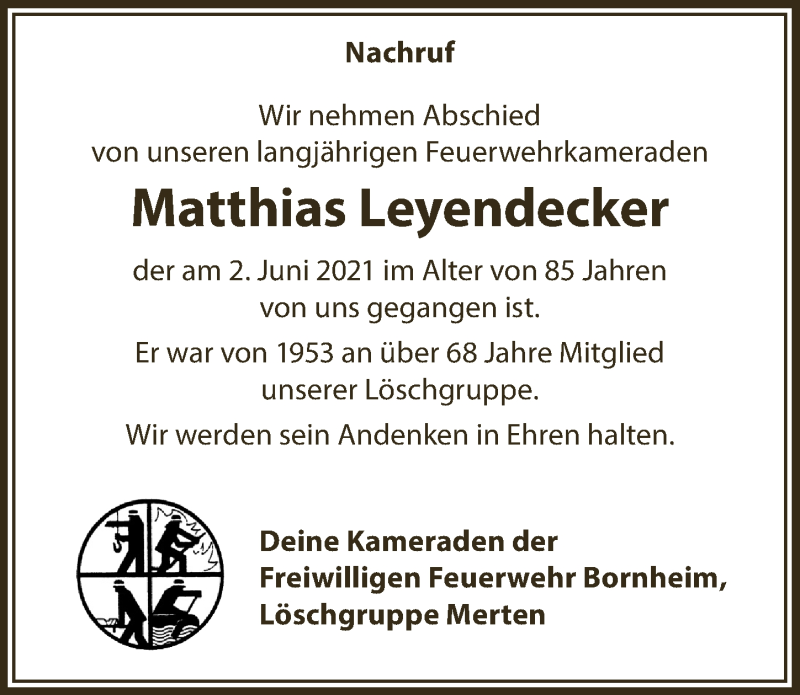  Traueranzeige für Matthias Leyendecker vom 18.06.2021 aus  Schlossbote/Werbekurier 