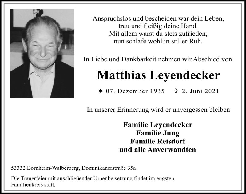  Traueranzeige für Matthias Leyendecker vom 11.06.2021 aus  Schlossbote/Werbekurier 