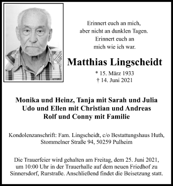 Anzeige von Matthias Lingscheidt von Kölner Stadt-Anzeiger / Kölnische Rundschau / Express