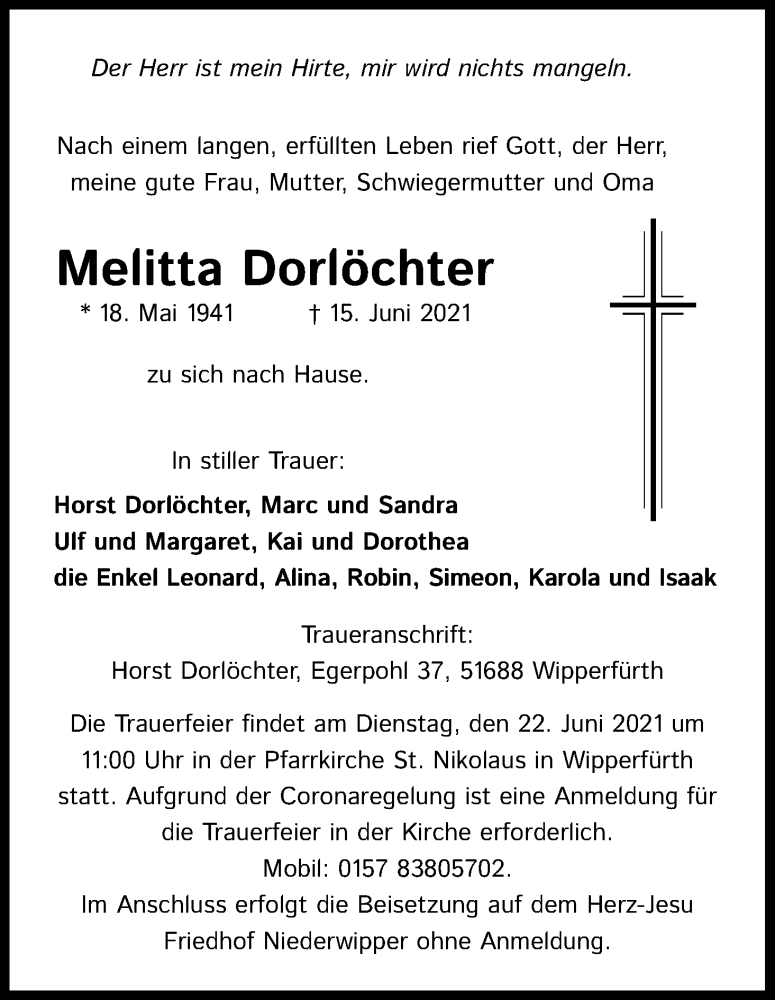  Traueranzeige für Melitta Dorlöchter vom 21.06.2021 aus Kölner Stadt-Anzeiger / Kölnische Rundschau / Express