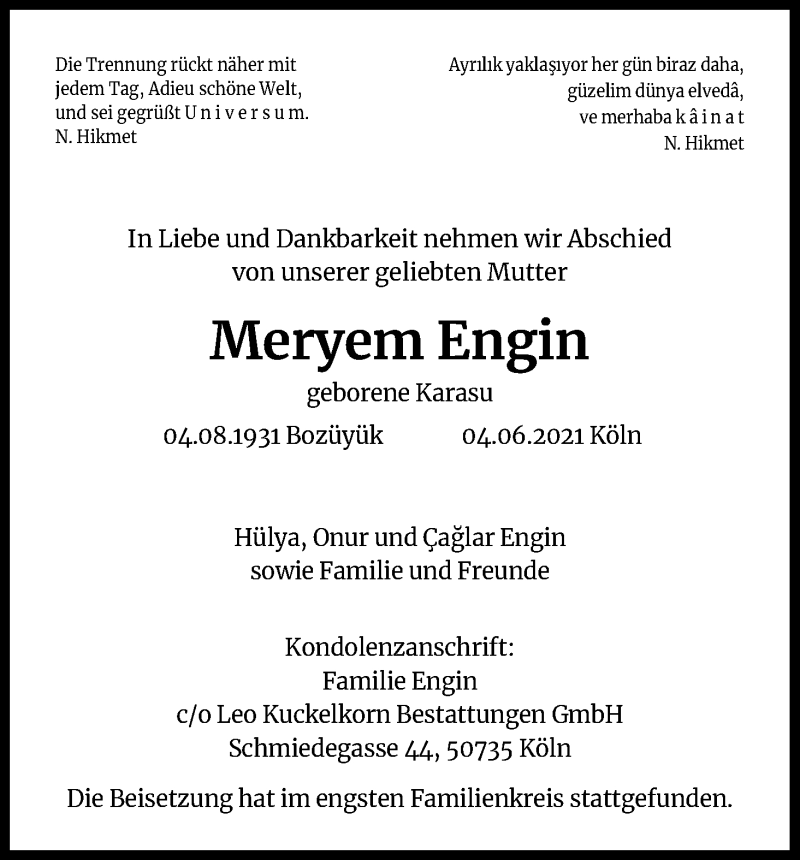  Traueranzeige für Meryem Engin vom 26.06.2021 aus Kölner Stadt-Anzeiger / Kölnische Rundschau / Express