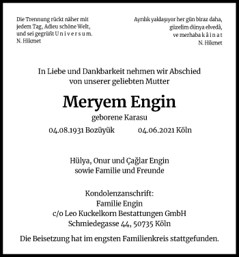 Anzeige von Meryem Engin von Kölner Stadt-Anzeiger / Kölnische Rundschau / Express