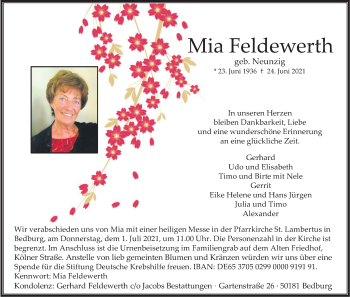 Anzeige von Mia Feldewerth von Kölner Stadt-Anzeiger / Kölnische Rundschau / Express