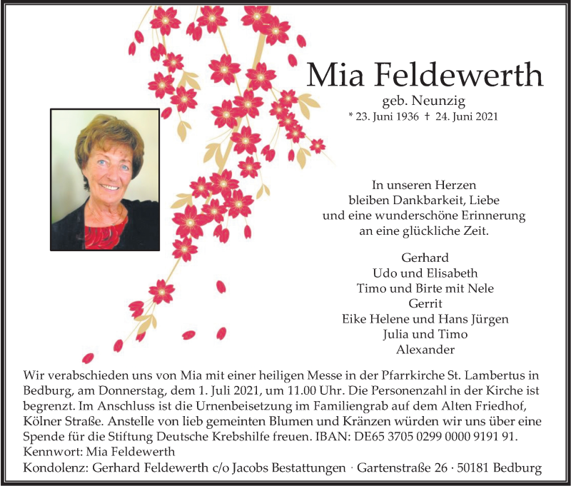  Traueranzeige für Mia Feldewerth vom 29.06.2021 aus Kölner Stadt-Anzeiger / Kölnische Rundschau / Express