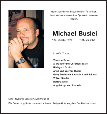 Anzeige von Michael Buslei von Kölner Stadt-Anzeiger / Kölnische Rundschau / Express